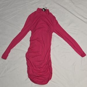 Fashion Nova Hot Pink Long Sleeve Turtleneck Ruched Bodycon Dress